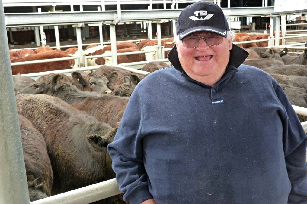 Graeme Dickson, Terang was delighted with the sale of his Angus steers 485kg sold for $1580 a head at Ballarat as prices at the monthly market climbed at all-time new highs.