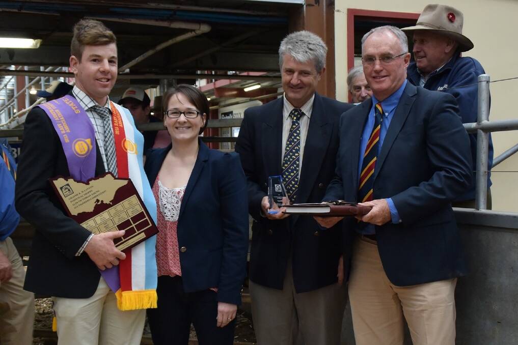 Zeb Broadbent (left), Bendigo, won the Australian Livestock & Property Association’s (ALPA) Victorian young auctioneers competition for the second consecutive year. He was presented with the Graeme Lanyon shield by Mr Lanyon's daughter Zoe Olive, and is pictured with Matt Coleman and David Corcoran. 