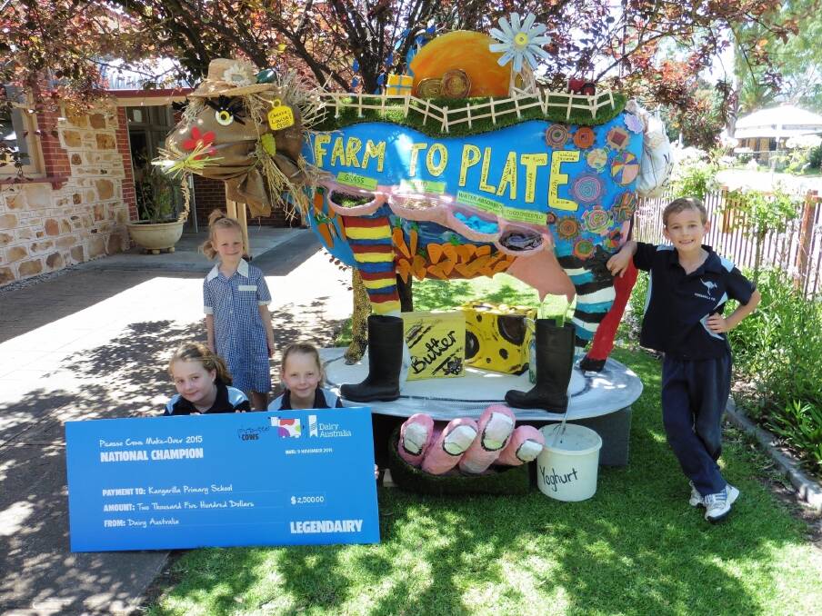 Kangarilla Primary School students Taylah Murfitt, Mia Thorpe, Ava O'Sullivan and Mitchell Wagner with their national competition winning Picasso Cow, named 'Cheese-Louise! You've been udder-ly re-moo-dled'.