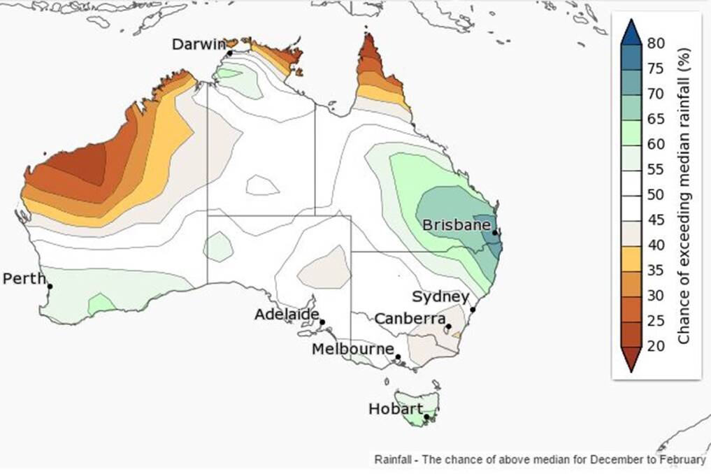 The chance of above median rain for December to February. Image: BoM