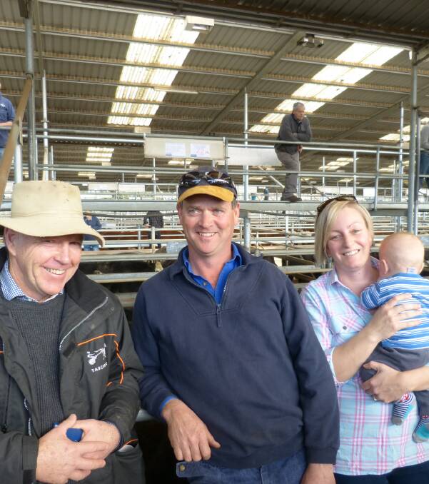 Bryan Hayden, principal of Buchan station with manager Richard McAuliffe and his wife Ellie and youngest, Charlie at Bairnsdale. Excellent breeding created an excellent sale, seeing steers sell to $1370 and heifers to $1360.