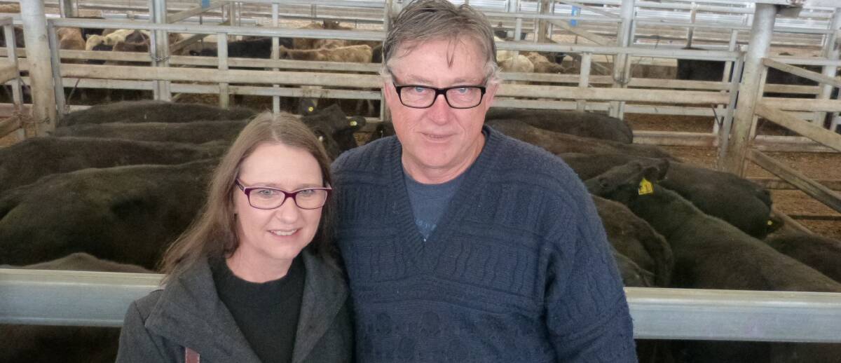 Glen & Alison Ranford, Backline P/L, Fish Creek, sold this pen of 14 Angus steers at Leongatha for $1670, One of the few pens of yearling steers yarded.