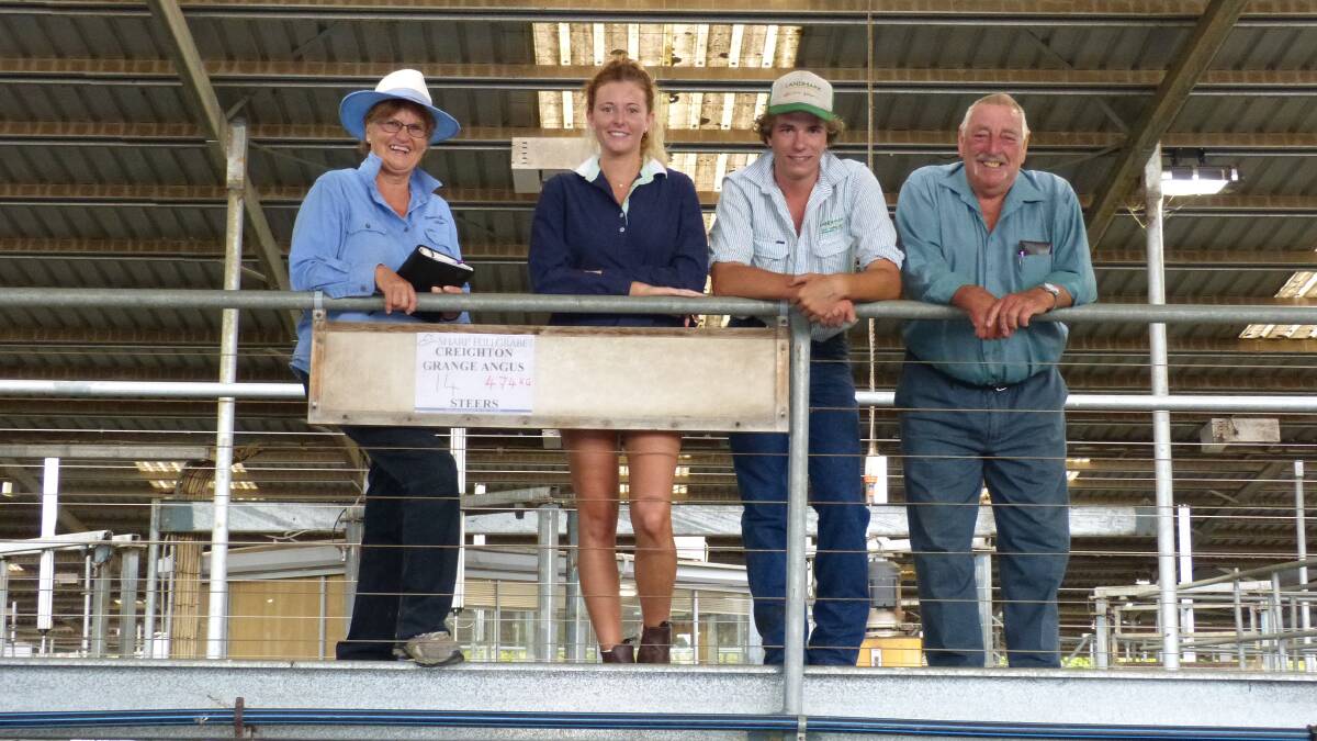 Lea & Barry Worseldine, Creighton Grange Angus, at Bairnsdale, Friday, with grandchildren Whitney & Connor McCormack, prior to the sale of their 16 Angus steers.
