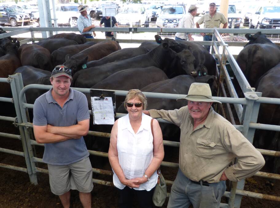 Marcus, Olga & Michael Hill, Connamara Angus, Ruffy, stand with some of their 73 PTIC Angus heifers, prior to the Euroa sale. Their heifers sold to $2625 in a great sale.