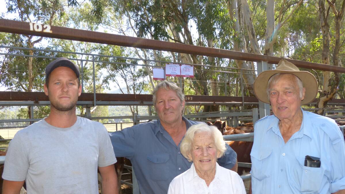 L-R Three generations of the Hall family, Ben, Colin, and John and Nanette, all sold cattle at the Paull & Scollard annual feature calf sale at Myrtleford, Friday. Having three generations selling in their own right is rare in the industry.