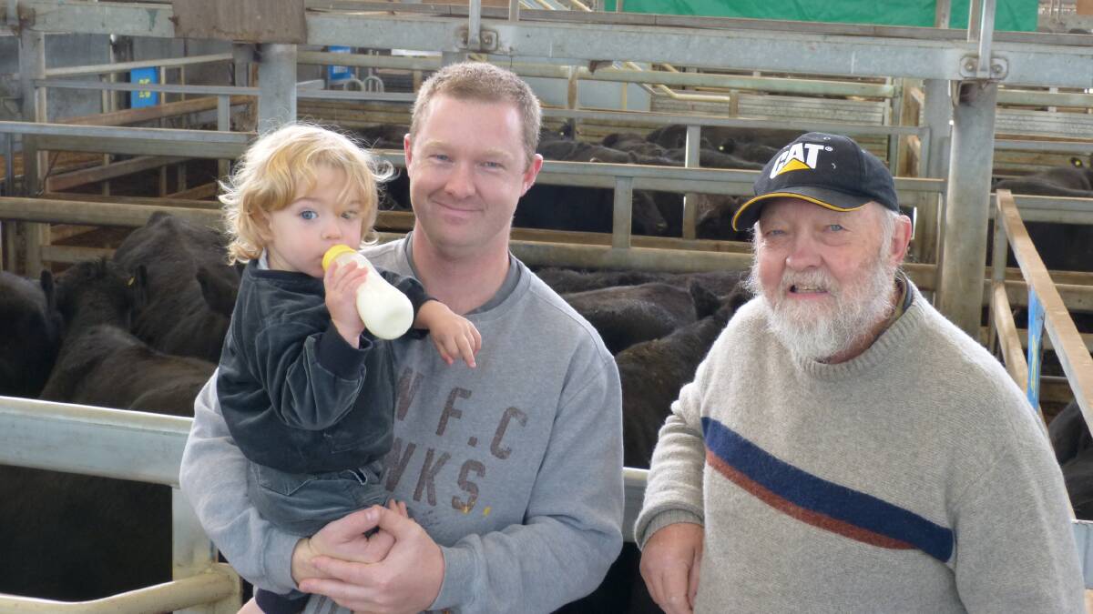 Henry Thimms was pleased to have his son, Alex, and grandson, Xavier, over from Western Australia to see his cattle sell at Leongatha, last Thursday. A very strong sale made Henry happy too.