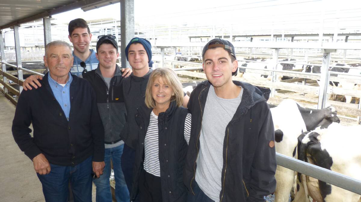 Improved price: Louis (left), Marcus, Stefan, Josh, Brenda and Edan Baccega. The Baccega family have been milking for 53 years, and are now retiring the dairy to enhance their other cattle business.