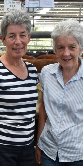 Judi Marshman (L) and Lyn Mullens, Dixons Creek at Yea, Wednesday. I&J Marshman, Gumble Gumble, Limestone, sold 114 Hereford steers from $1260-$1380 at Yea.
