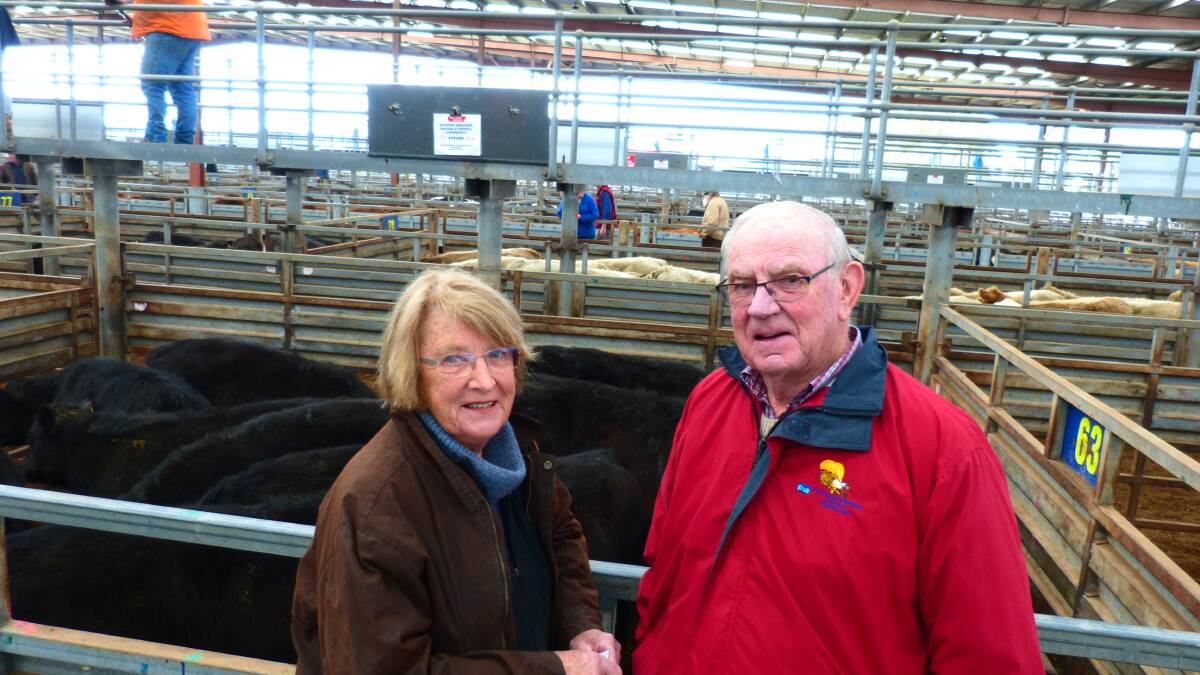Ann and Brian Wilson, Lyndhurst, were successful sellers a the Pakenham store sale, Thursday, offering 16 Angus steers, Battersby blood, making from $1185-$1345.