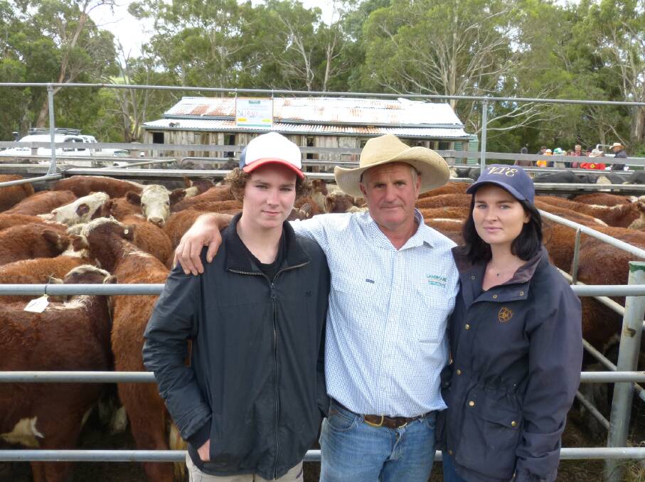 Tim Woodgate (centre) with step-children, Charlie and Jessica Mein. Tim's wife passed away, and it has been tough. This Gelantipy sale has helped to ease the pain.