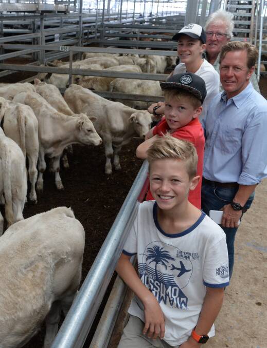 Andrew Butcher, Bright, purchased 22 Charolais steers, 275 kgs, Kenmere & Rangan blood, for $1100. It was a family affair with Nicholas, Daniel, Alex and their uncle Alan Armstrong along to lend support.