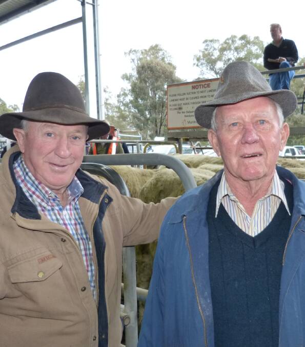 A couple of old stooges met at Yea, and caught up on old times. Dennis Henderson  (left) purchased steers and heifers to feed, and John Roberts was there to look.