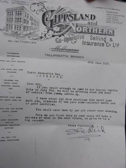 For the nostalgia buffs. This invitation to a cattle sale was issued to Harry Nankervis Esq, Corryong, by SG Reid. Note the fancy letterhead, which is dated January 1917.