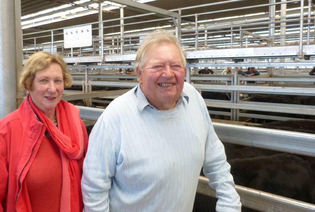 David and Este Collins, Fairfield Park Pastoral, Greta South, happy after selling 174 Angus steers to $1135, and 127 heifers to $955, at Wodonga, in a flighty market.