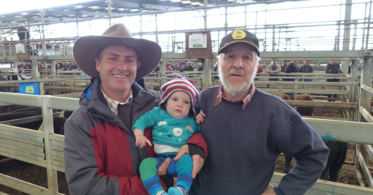 Three generations of the Harris family from Dumbalk, South Gippsland, were Shane (left), Charlie and Adrian, sold steers at Leongatha in a very strong sale. Their 65 Angus steers, 11-12 months, sold from $1410-$1690, peaking at 477c/kg lwt.