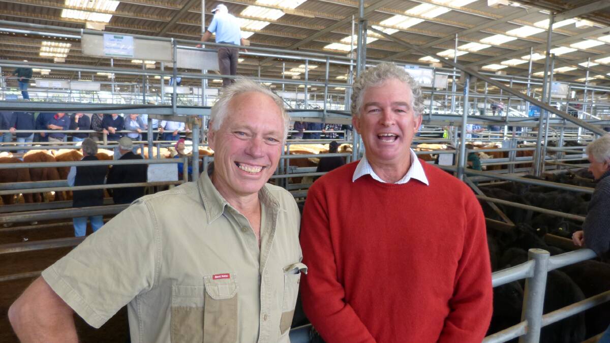 Andrew Cameron (left), and Shaun Beasley, were two very happy sellers at Bairnsdale. Strong competition from Gippsland and interstate led to a very good sale.