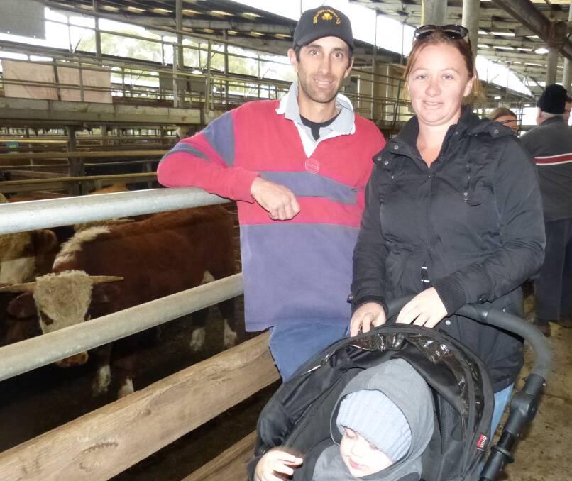 Adrian Fisel and Elyce Smith sold 15 Hereford-Friesian steers that they had bucket reared as calves. Their son Rorey came along to see them sell the steers.