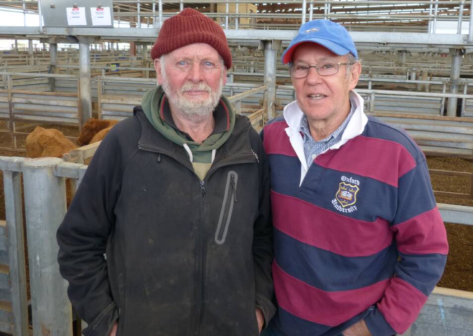 Catching up: Former Murray Grey 
stud owner Rob Miller (right),  
chats with Bill Wadell, Seaview, at 
Pakenham store sale, last Thursday.