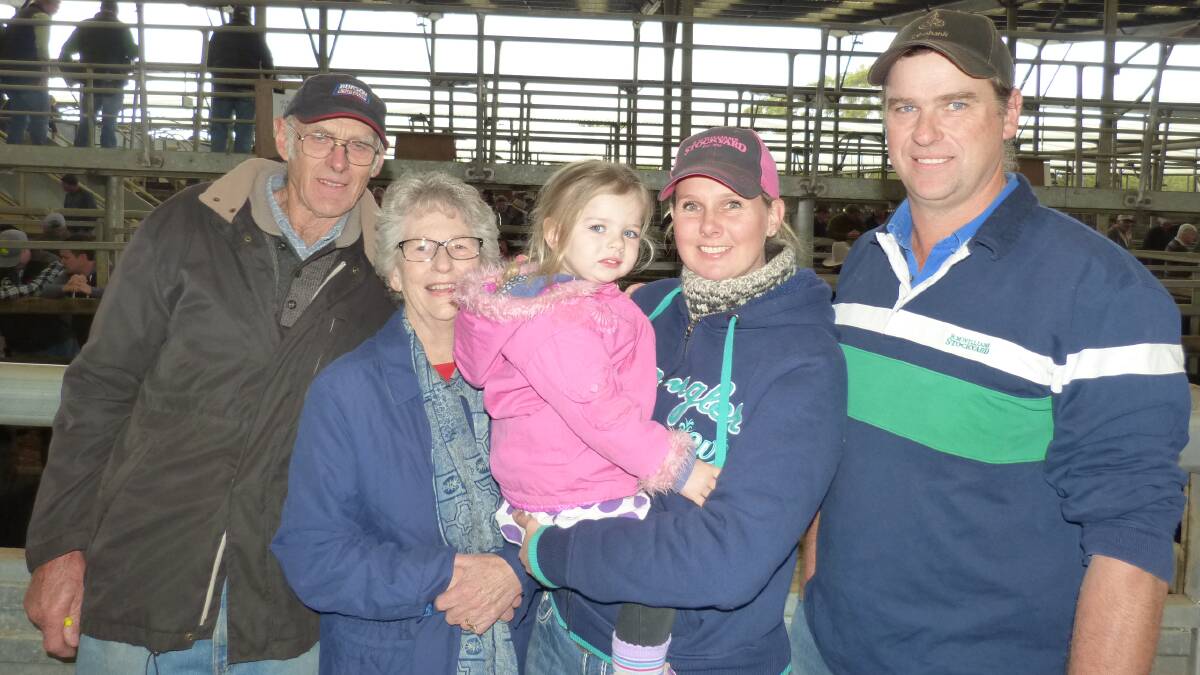 The Weston family, Elm Valley P/L, Tarwin Lower, L-R. John, Doreen, Alessandra, Beth & Phil, at Leongatha, where Phil sold 223 Angus steers for an average of $1165.
