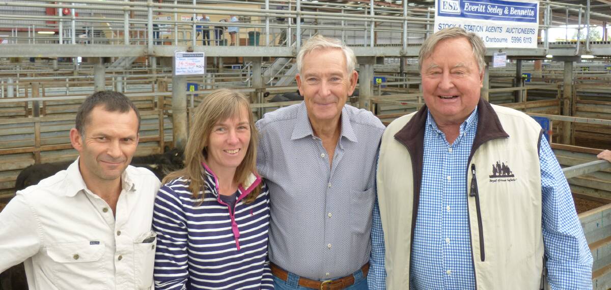 Happy days: Farm managers David (left) and 
Lynne Henson, and Peter O'Bryan, with 
Lawrence Baillieu, Clondisse, Flinders, 
at Pakenham. 