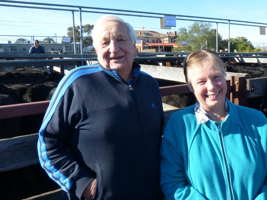 Wendy Rhodes was celebrating the sale of her 37 Angus steers with Alan Broadbent, at the Landmark, Heyfield sale, Friday. Wendy's steers sold from $1250-$1450.