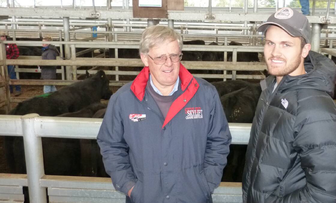 Purchasers and underbidders, father and son team, Alistair (left) and Angus Harrison, Lang Lang, at Leongatha, Thursday.