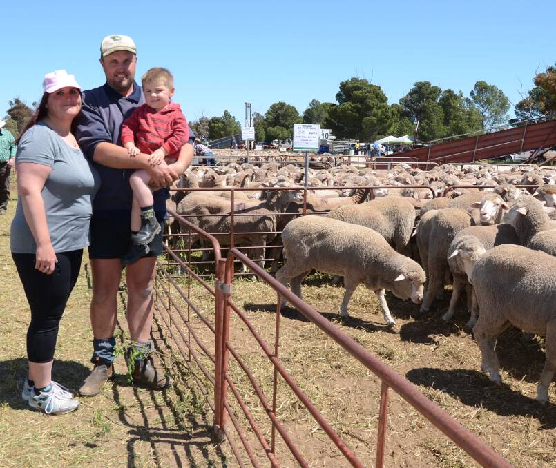 FAMILY DAY: Sarah and Michael Pfitzner, Wanbi, with their two-old-year son Thomas, sold these 298 Kamora-blood young ewes for $228.