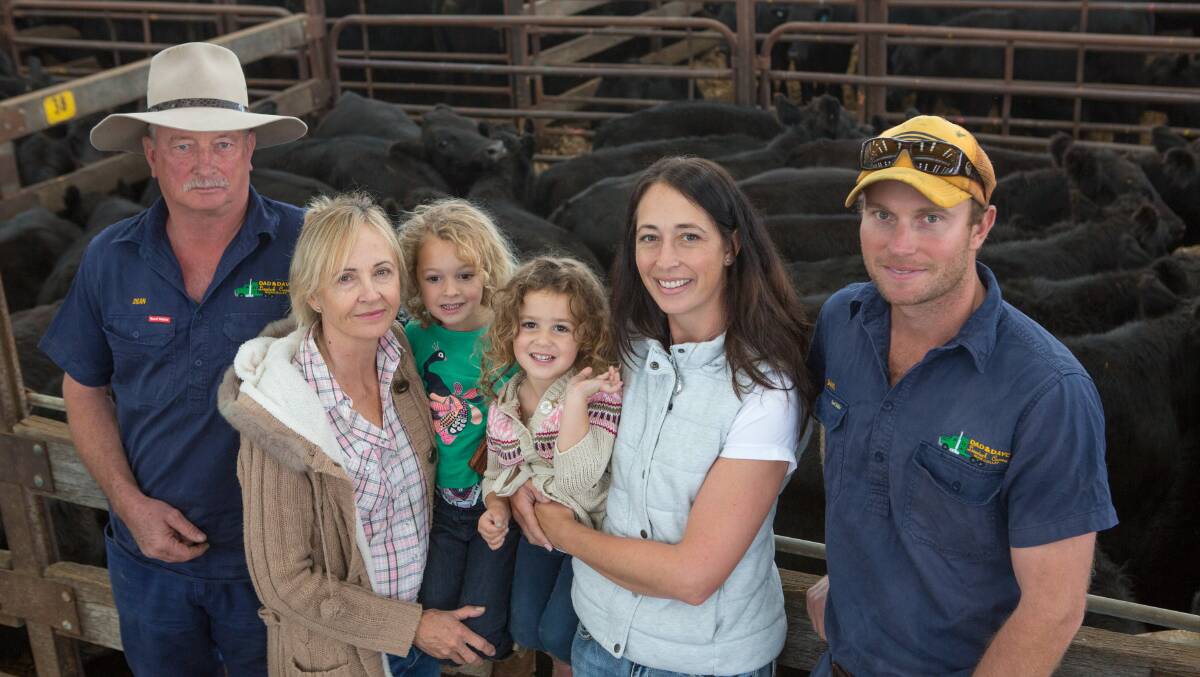 Dean and Susan Prosser, granddaughters Scarlett and Ruby, daughter Jaime Densley and son David sold 112 Duck Island blood Angus steers, EU and PCAS, to $1070.