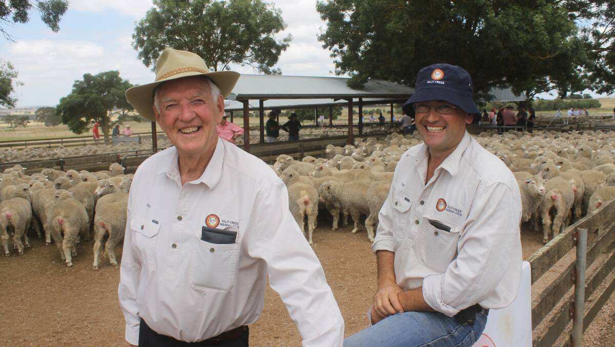 Salt Creek principal, Peter Coy and Salt Creek manager Tom Wilson appeared queit relaxed before the start of the Woorndoo property's annual production sale 