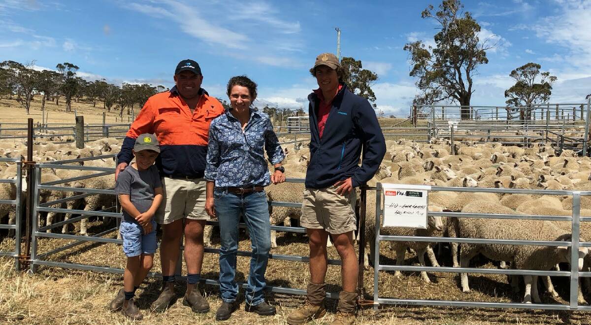 Ed Archer and his son Robbie are pictured with Jo Bradley and her son Hugh who paid $166 a head for tops of the Greenhythe, Cashmore-blood ewe lambs priced along with the second pen bought at $162.

