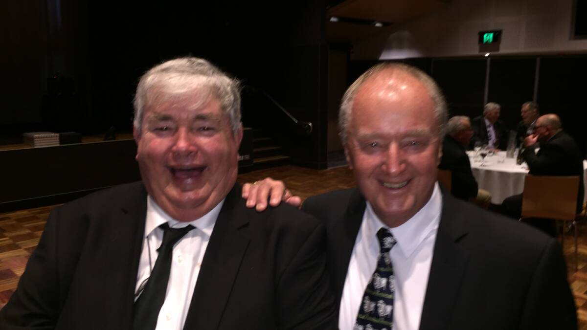 The old firm: Noel Rutley and his ever-reliable pick-up drover from his Coles buying days Billy Hickey, McKibbons Transports share a laugh during an appreciation dinner held in Noel's honour last Saturday evening at Corowa RSL.