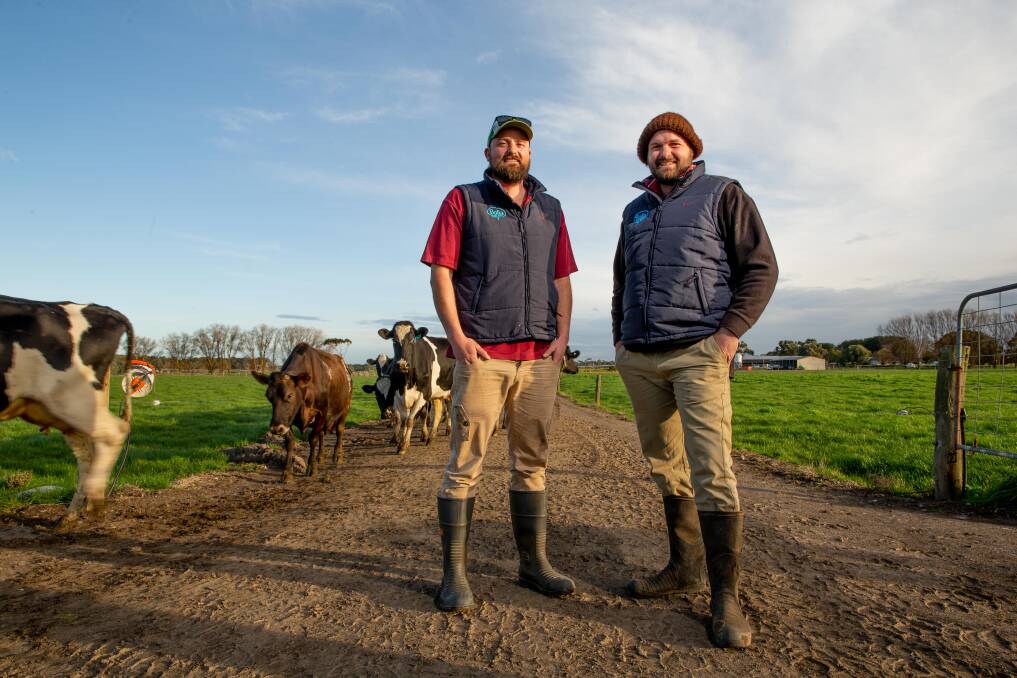 PIONEERS: Ecklin South dairy farmers Sam and Peter Doolan employ state-of-the-art technology to store carbon and reduce emissions. Photo by Chris Doheny.