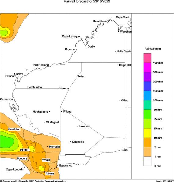Western Australia outlook for Sunday October 23. Image via Bureau of Meteorology. 