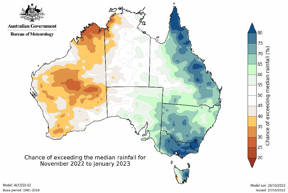 Map showing the chance of exceeding median rainfall for November until January, 2022. Map via Bureau of Meteorology. 