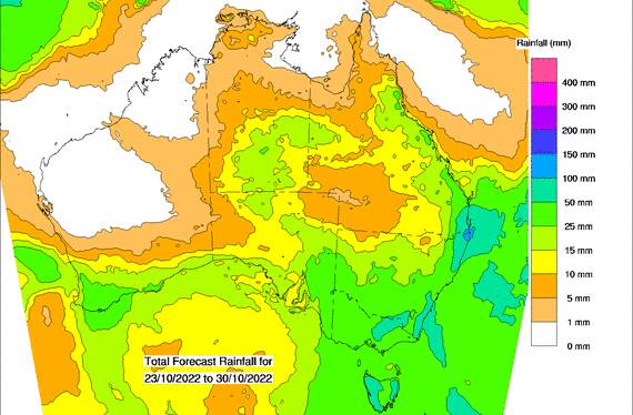 The eight day total forecast rain map from October 23 until October 30. Image via Bureau of Meteorology.