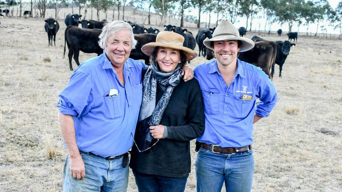 Charlie Perry with his parents Wal and Jen on their Trent Bridge Wagyu stud.
