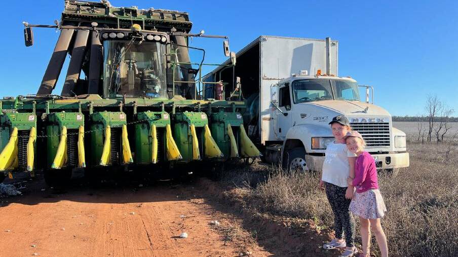 The rare site of a cotton harvester brings the kids out to watch on the Archer family's Glen Eagle Station, which has diversified its beef operation from growing sorghum silage to growing cotton.