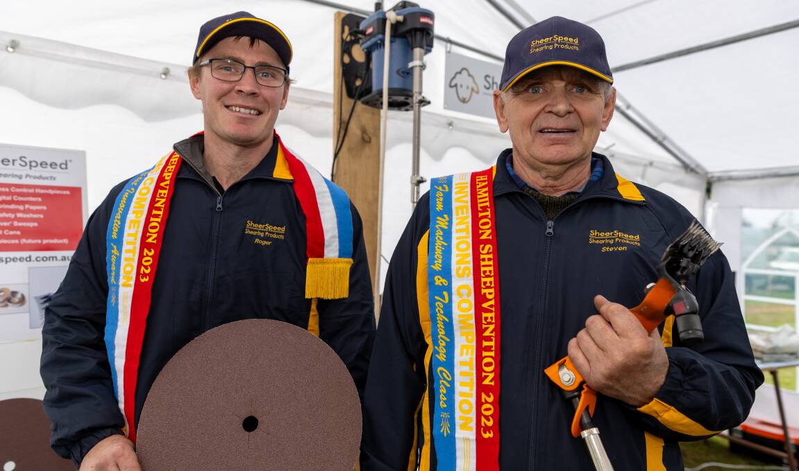 SheerSpeed's Roger and Steven Hein from Mintaro in South Australia at Hamilton's Sheepvention Rural Expo where they won several invention awards. Picture by Eddie Guerrero