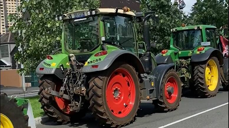 Tractors have blocked Spring Street in protest of the AusNet's transmission line project in Western Victoria. Photo: Moorabool and Central Highlands Power Alliance.