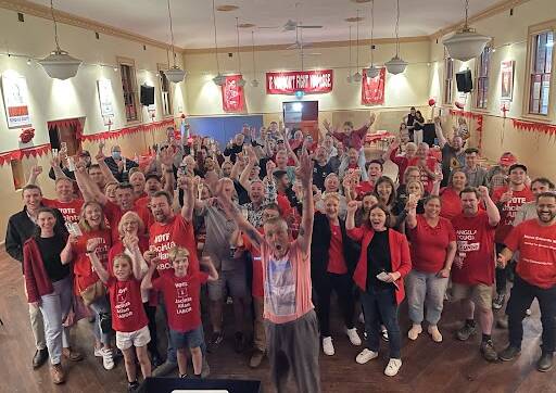 Labor faithful celebrate the election win with member for Bendigo West Maree Edwards and federal member for Bendigo Lisa Chesters at Trades Hall on Saturday night.