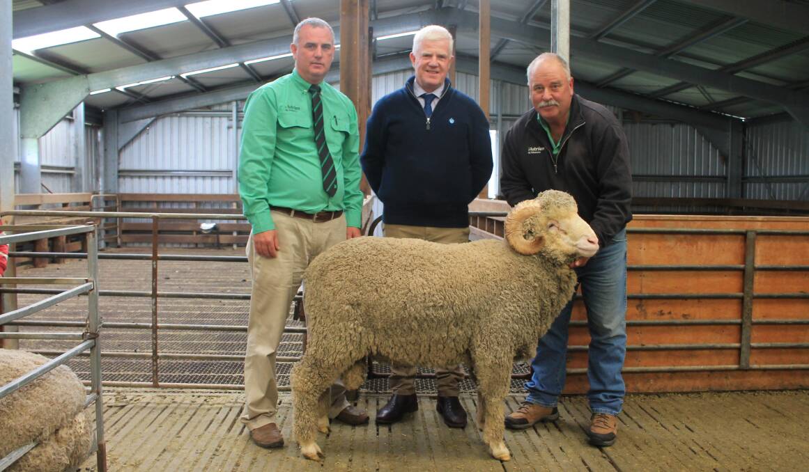Nutrien south-east stud stock manager Peter Godbolt, AWN Rural Tamworth livestock specialist John Croake and Nutrien wool area manager Kevin Bolton with Lot 3 Tag 21 which sold for $10,000 to an undisclosed New England, NSW buyer. Picture by Philippe Perez