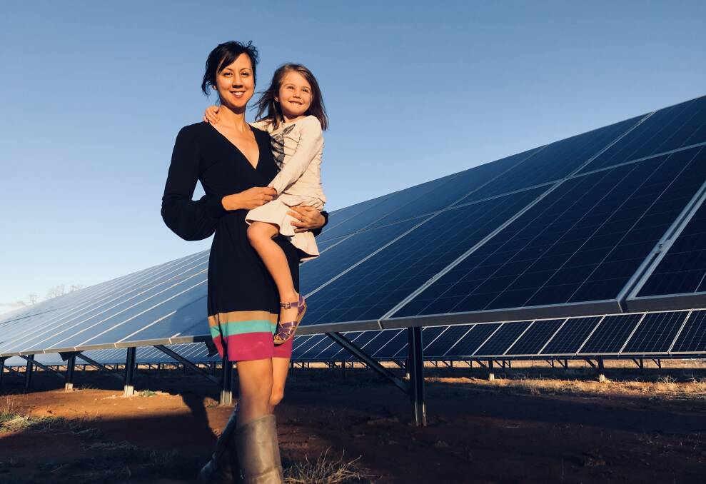 Cropping farmer Karin Stark, Narromine, NSW with her daughter Noa (10). Ms Stark co-authored a report into agrivoltaics and ways forward to implementing it in Australian agriculture operations. Picture supplied