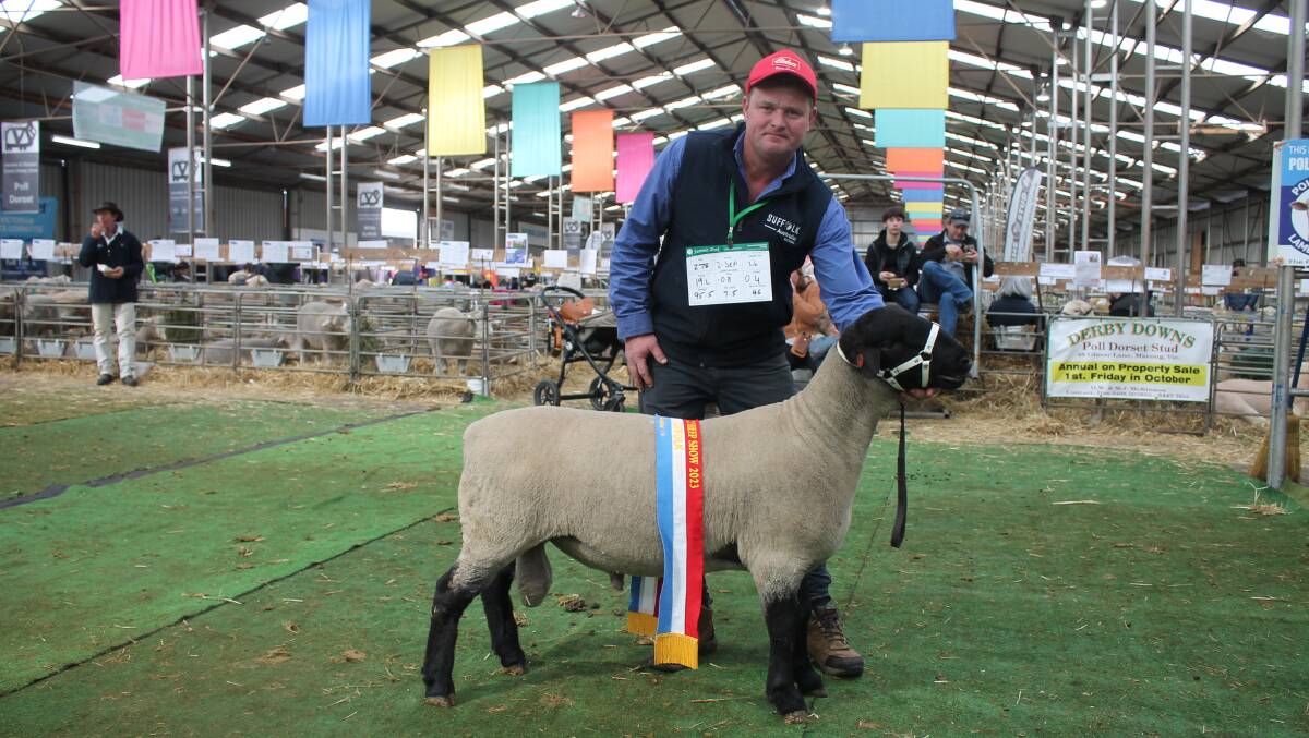 Jon Sutherland, Sayla Park, Kilmore with his supreme champion Suffolk ram. Suffolk was the feature breed for the 2023 Sheepvention event, being held in Hamilton. P{:icture by Philippe Perez