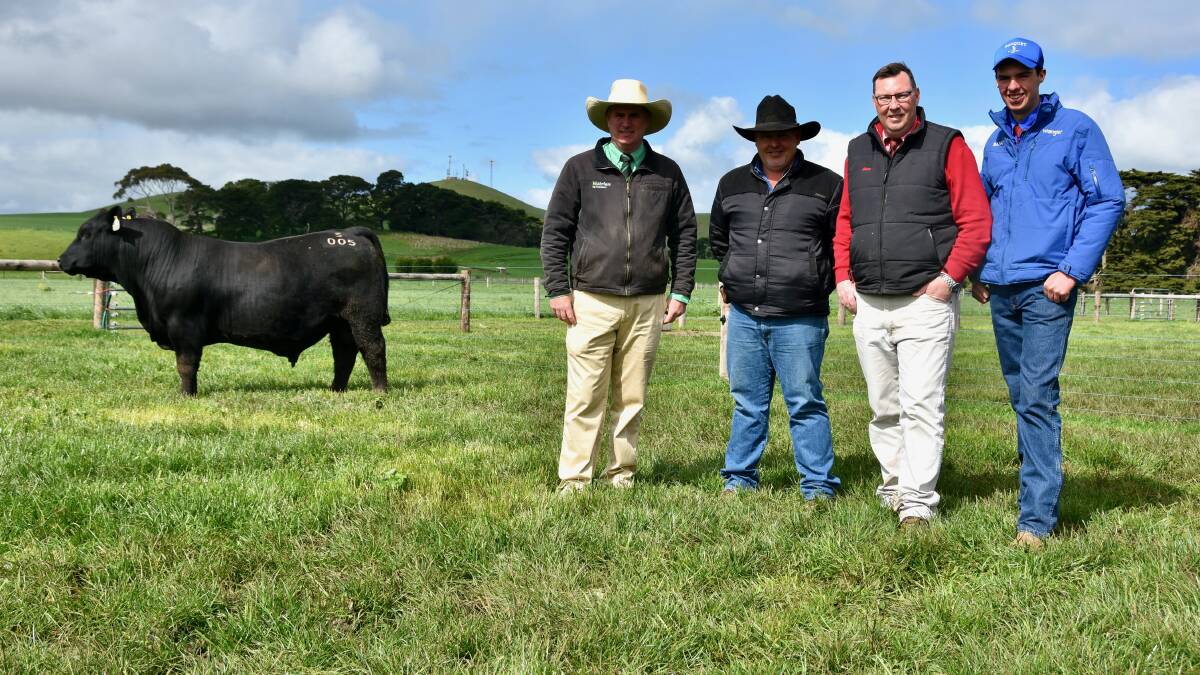 Nutrien south-east stud stock manager Peter Godbolt, stud principal Ian Durkin, Mountain Valley, Coolatai, Elders livestock manager Riverina Ross Milne, and Hamish Branson from Banquet Angus with their top priced bull Lot 25, Banquet Sensation S005. Picture by Philippe Perez.