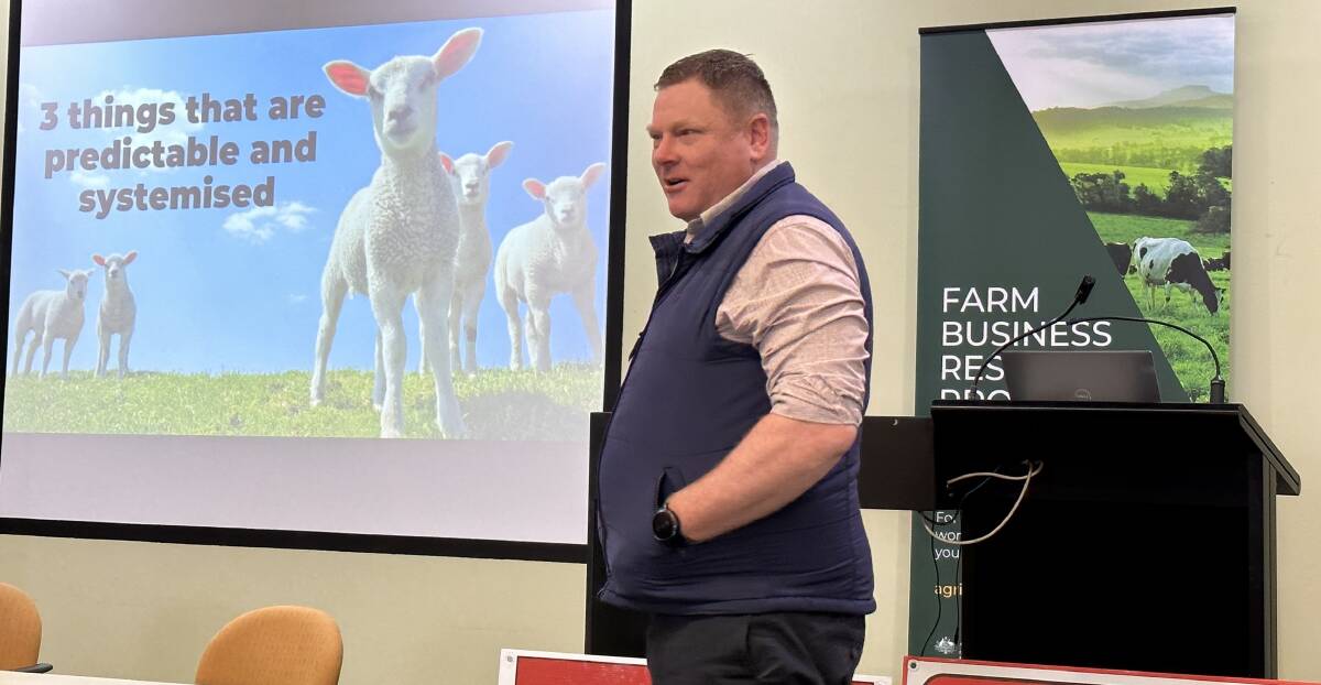 Thrive Agri director Dr Andrew Kennedy speaking at the Grassland Society of Southern Australia's 'Take Control of What You Can Control' breakfast on actions producers can take now in producing good sheep in an unstable market. Picture by Philippe Perez