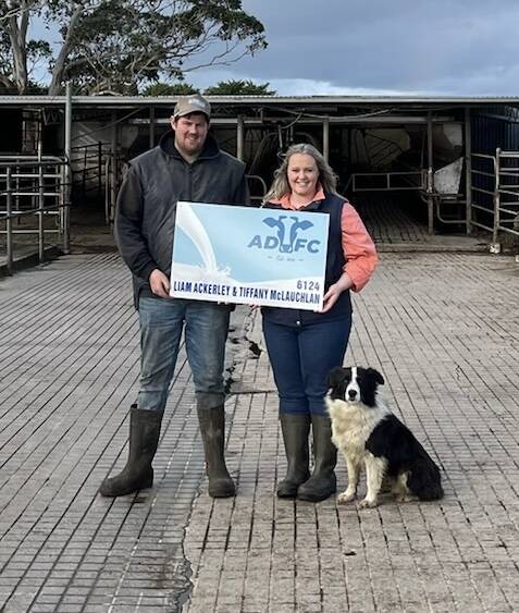 Liam Ackerley and Tiffany McLauchlan, Simpson, with Sadie. The couple have recently begun a share farm with an aim to eventually run 200 dairy cattle. Picture supplied. 