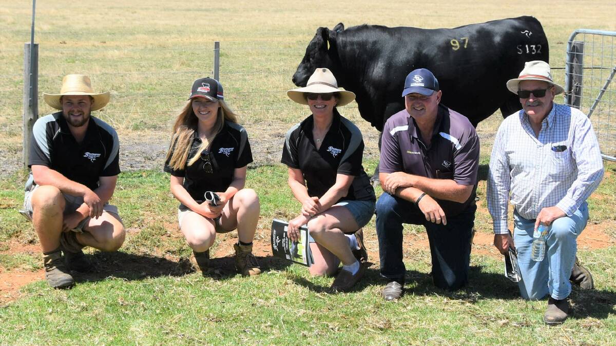 Mason Hunter, Claire Foster and Jodie Foster, Boonaroo Angus, Casterton with TDC Livestock and Property stock agent Jamie Gray and top buyer Peter Coote, Kalangadoo, SA. He bought Lot 97, Boonaroo Lincoln S132 for $30,000. Picture by Philippe Perez
