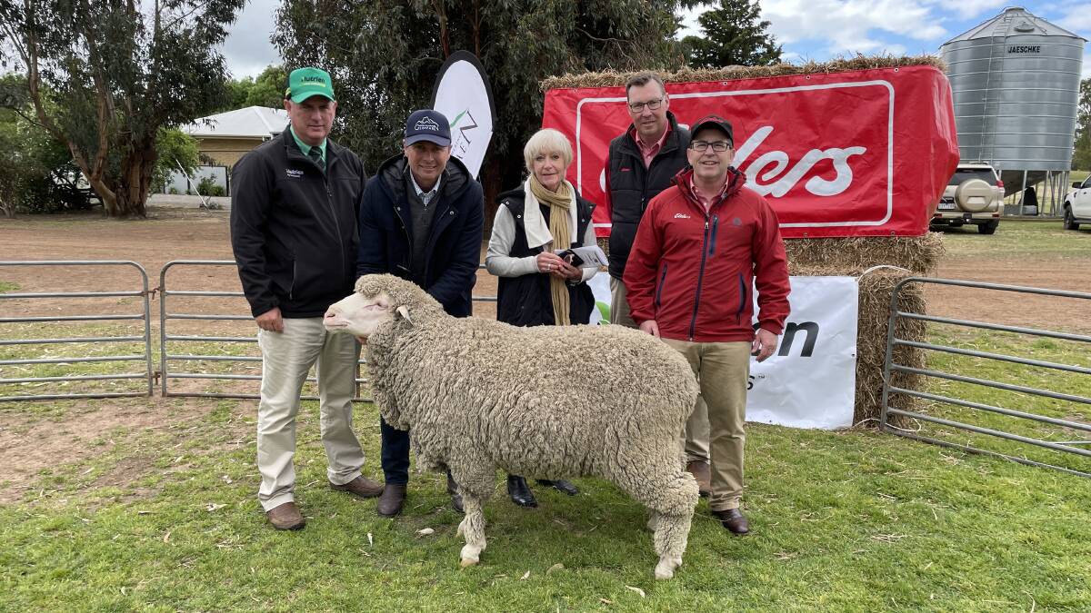 Nutrien south-east stud stock manager Peter Godbolt, Glenpaen stud principal Rod Miller, Brimpaen, Julie Rogerson, Glenthompson, Elders stud stock agent Ross Milne and Elders district wool manager Elliot Lindley with top priced ram Lot 7 which sold for $9750. Picture by Philippe Perez
