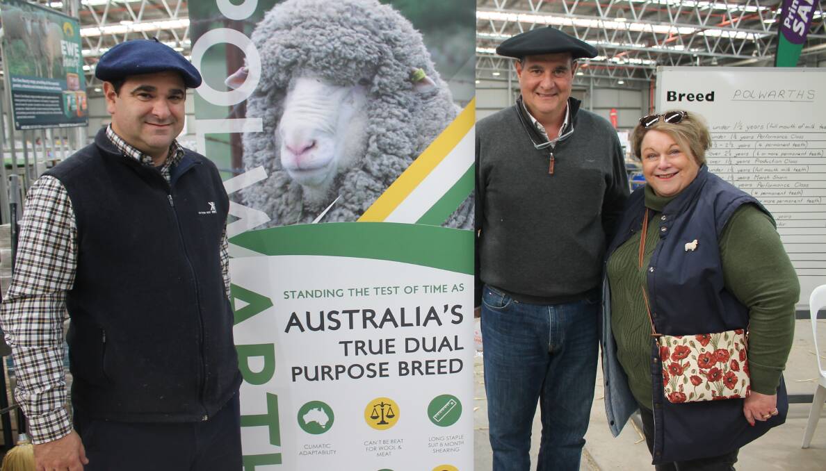 Brothers Joaquin and Fernando Martinicorena from Uruguay were guest judges of the Polwarth competition at the Australian Sheep & Wool Show. With Jos Littlejohn who was helping with proceedings at the competition. Picture by Philippe Perez 
