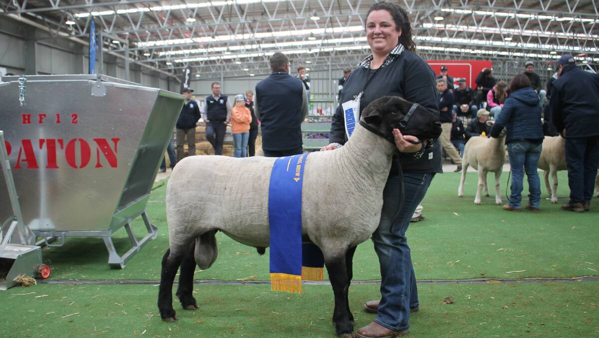 Shelley Hedwards, Lamont Park, Mount Moriac with her Suffolk grand champion ram winner. Picture by Philippe Perez 